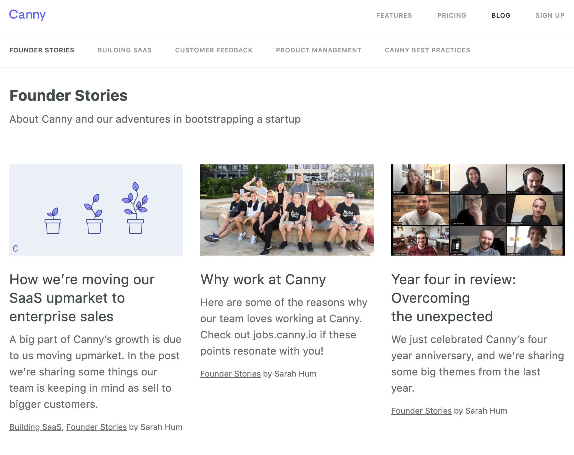 A screenshot of Canny's Founder Stories blog category