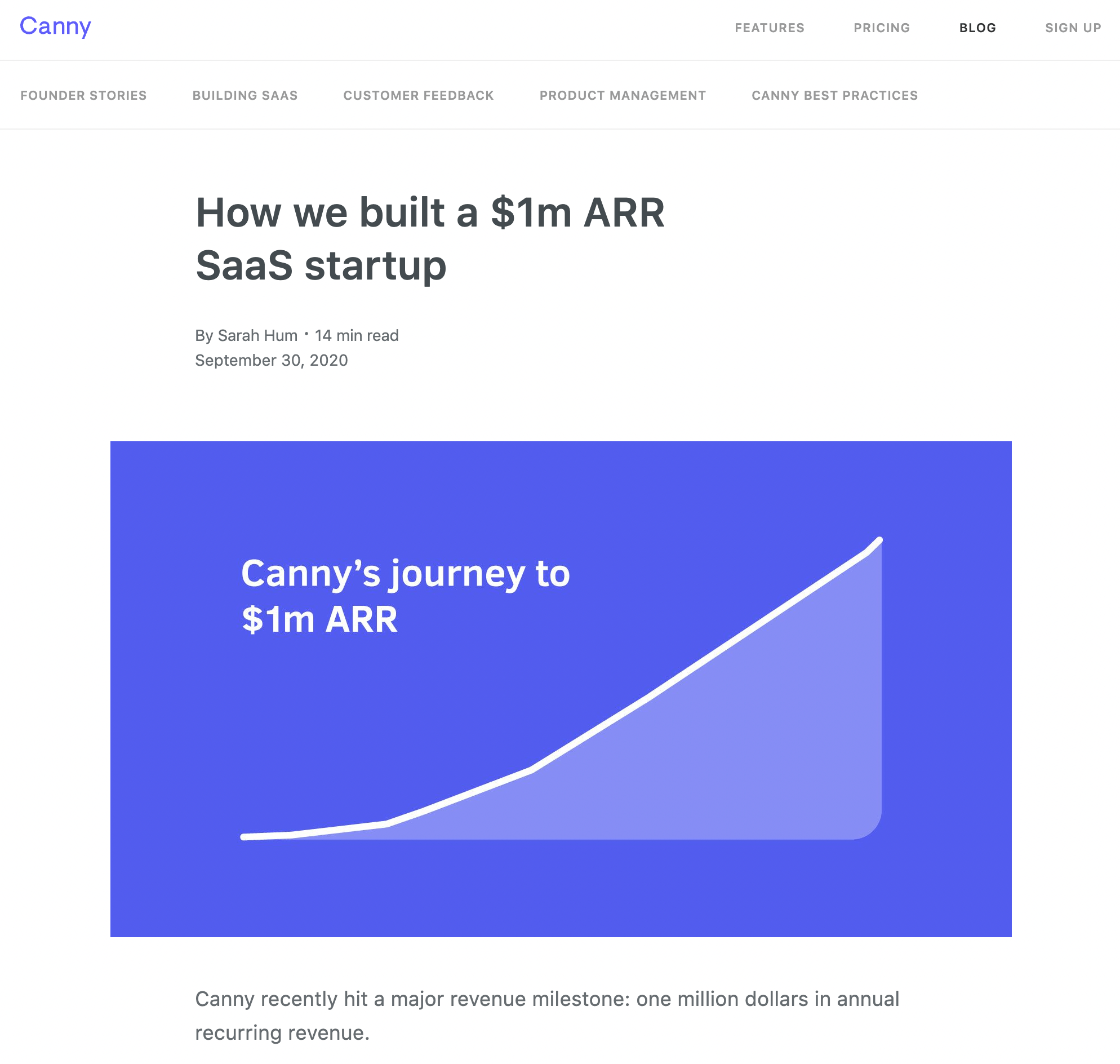 A screenshot of Canny's How we built a $1m ARR SaaS startup blog post