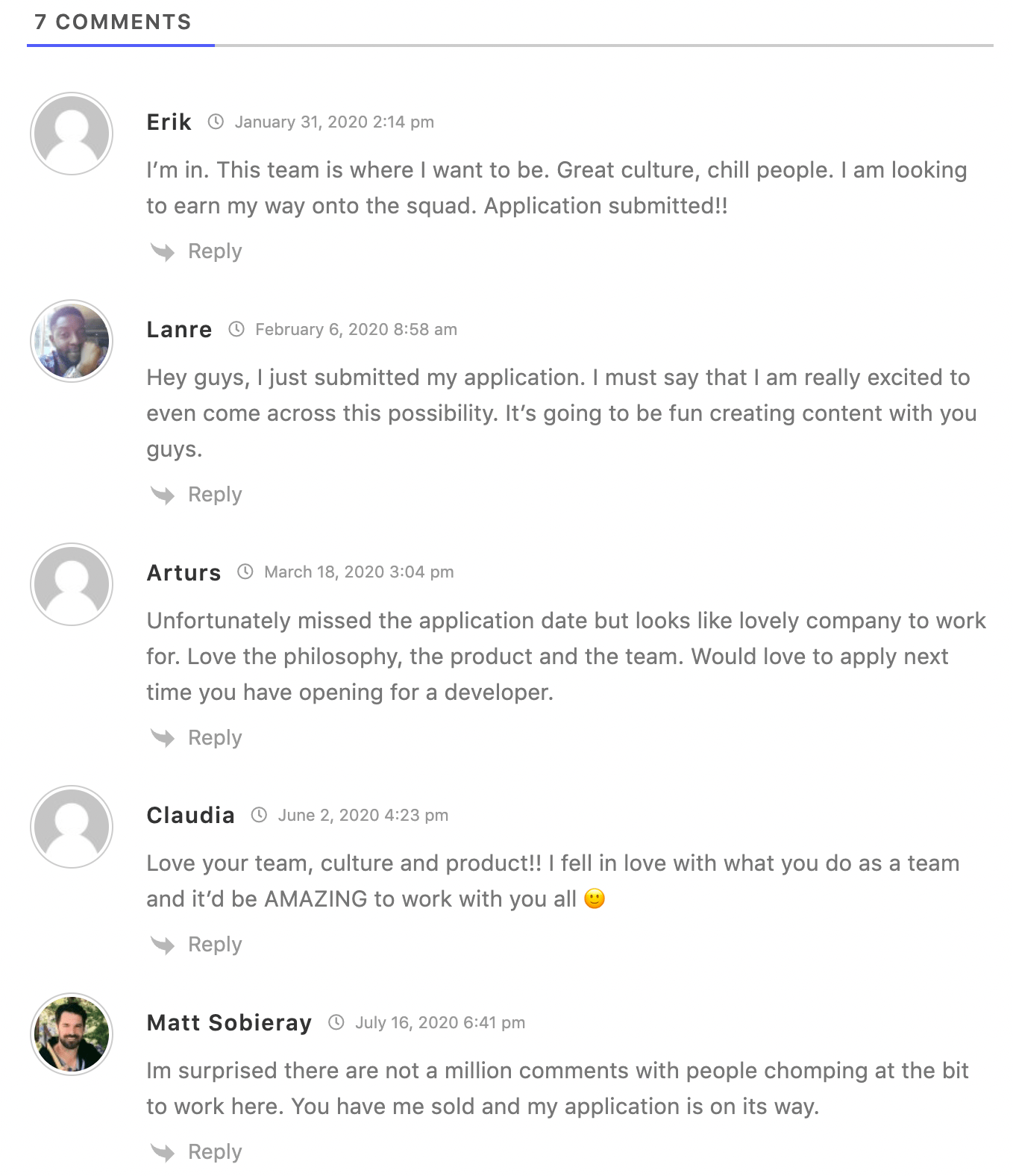 A screenshot of comments under the Canny's Why work at Canny blog post