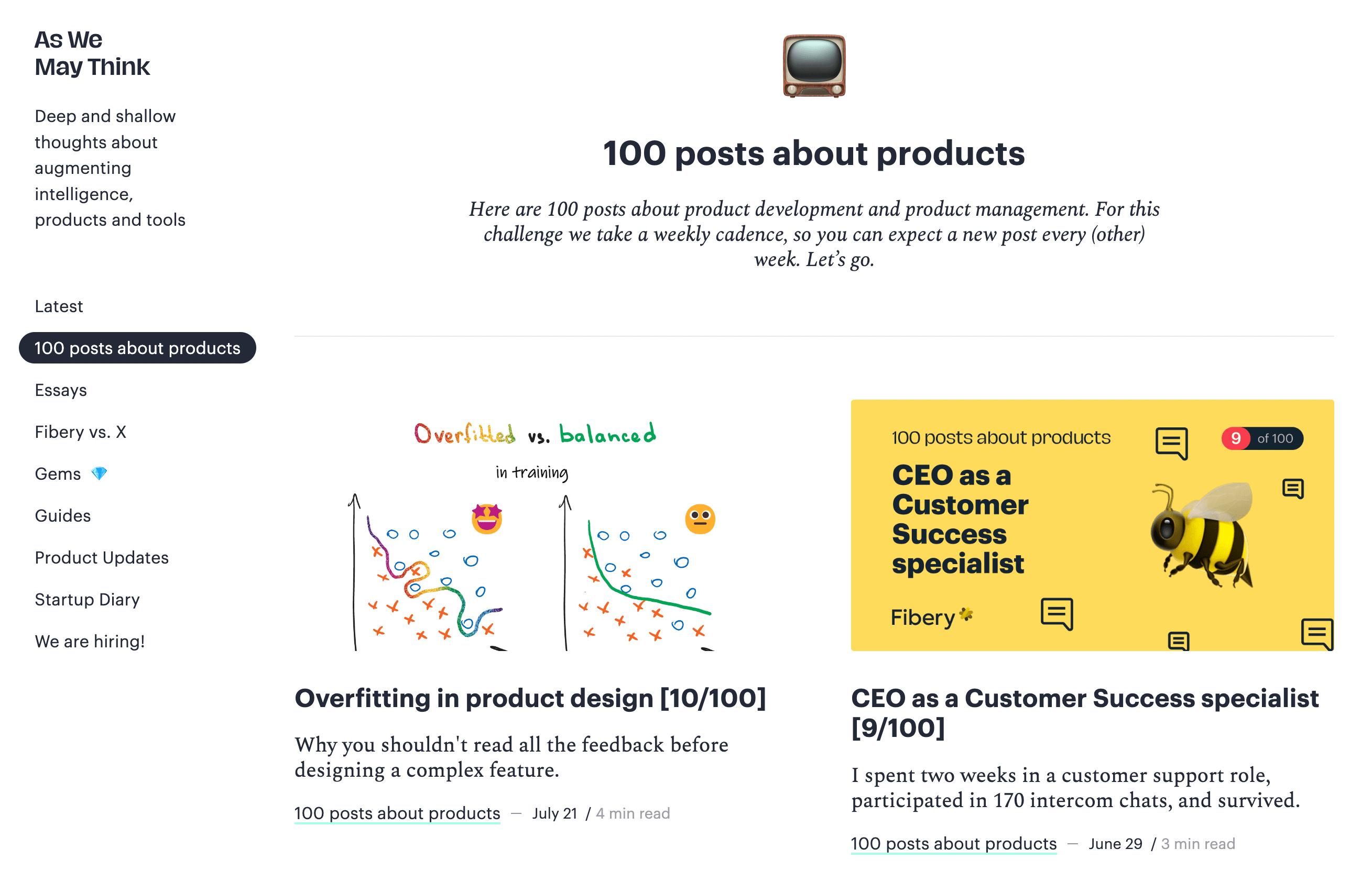 A screenshot of Fibery's 100 posts about products blog category