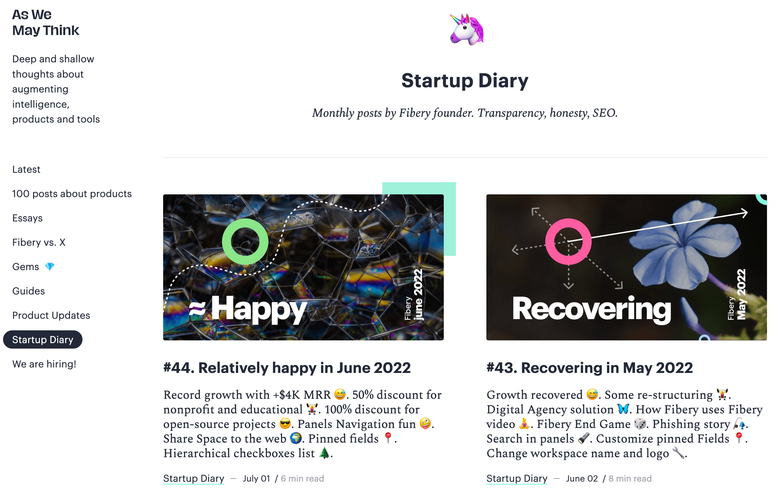A screenshot of Fibery's Startup Diary blog category
