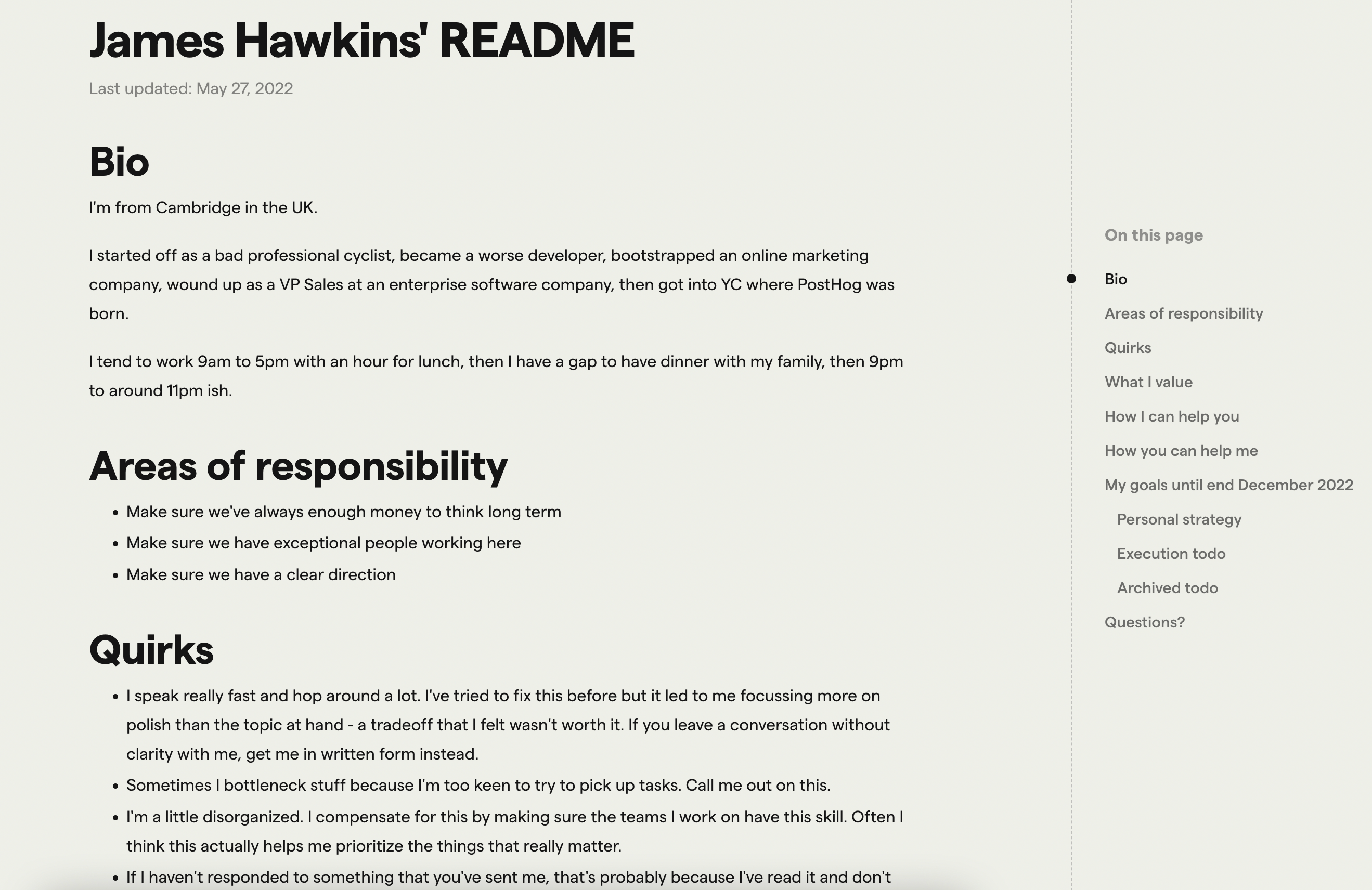 A screenshot of James Hawkins' README in the PostHog Handbook